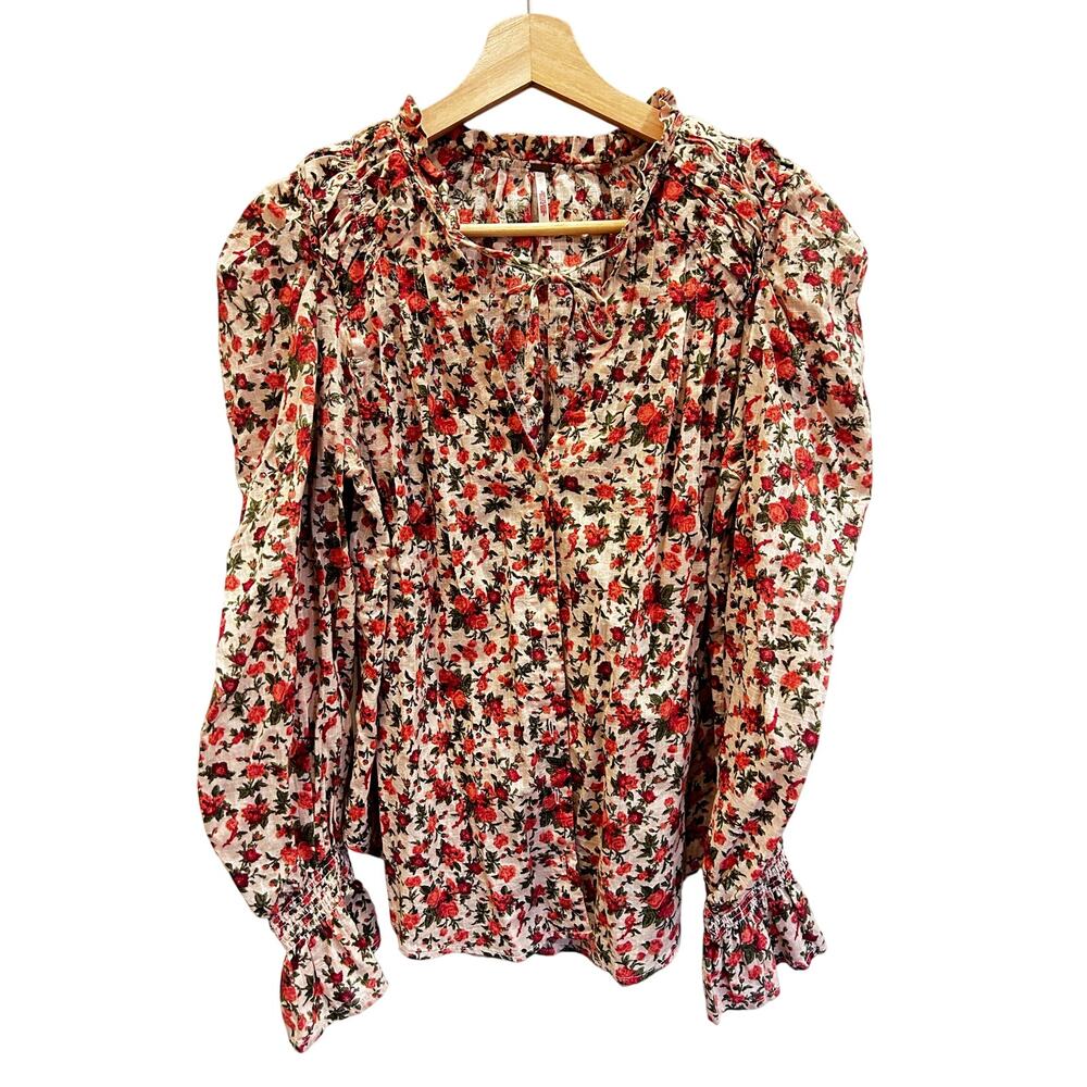 Free People Romantic Floral Prairie Blouse Ruffle Sleeve Tie Neck XS